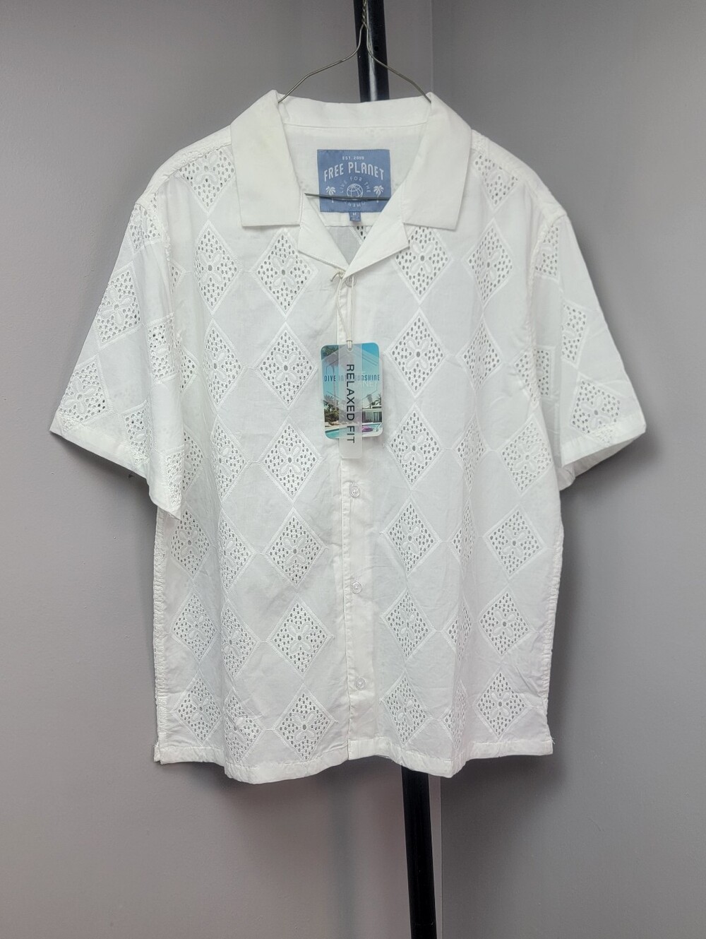 FreePlanet White Eyelet Diamond Short Sleeve Button-Up Shirt Top Summer Mens M